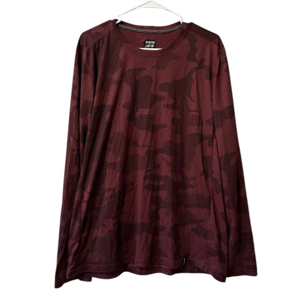 Prana Men Sz Large Burgandy Camo Print Long Sleeve Pullover Stylish Shirt Preppy